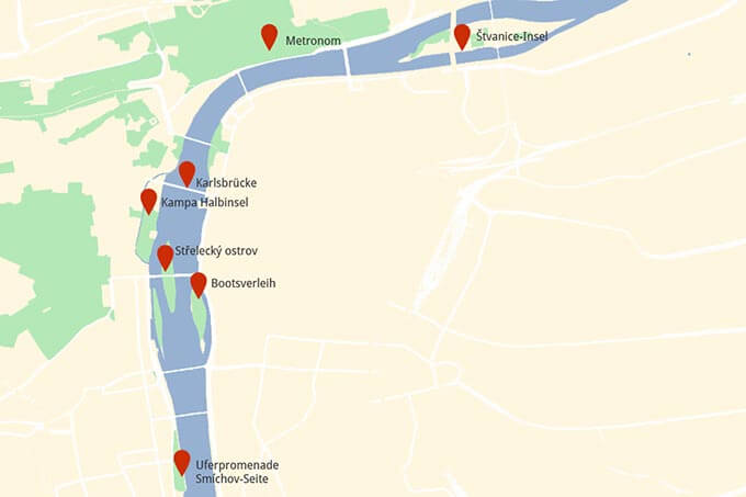 Karte mit Sehenswerten am Ufer der Moldau in Prag